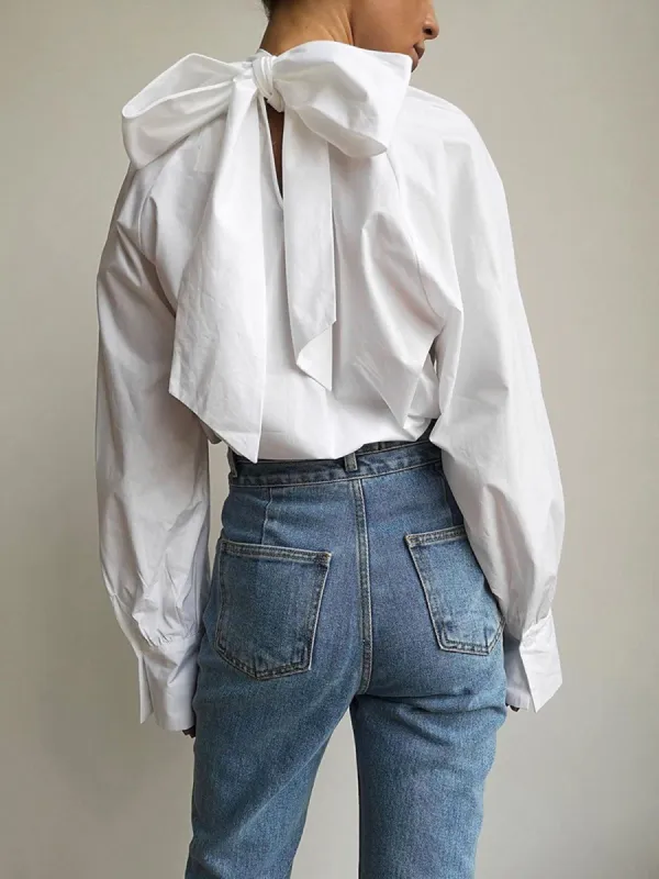 Ruched Knotted Long Sleeve Shirt sold by COMMENSE