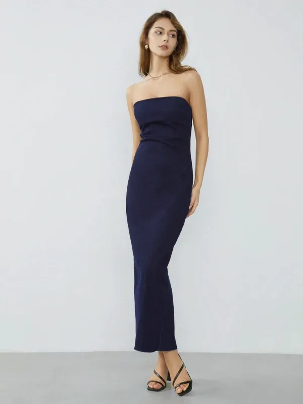 Denim Zippered Slit Strapless Long Dress sold by COMMENSE