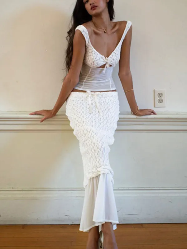 Lace Patchwork Bowknot Decor Two Pieces Skirt Set made by COMMENSE