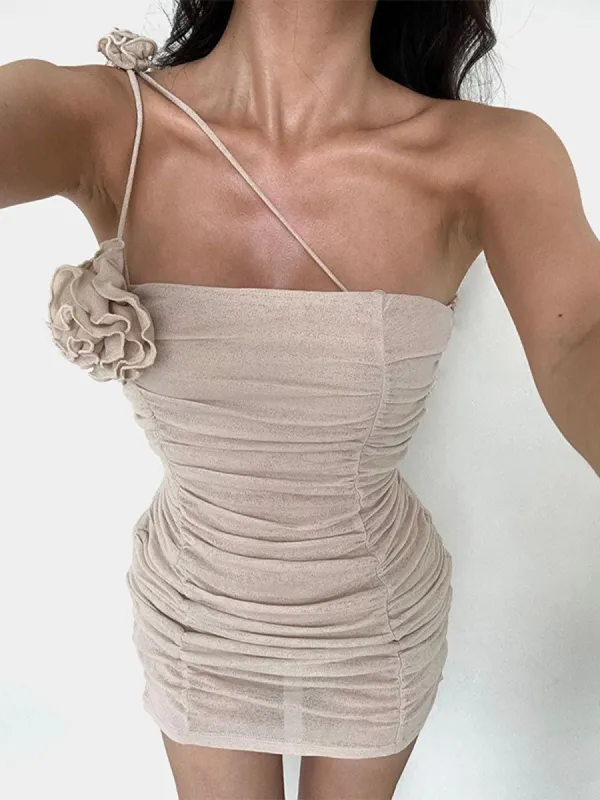 Semi-sheer Rose Decor Halter Mini Dress sold by COMMENSE