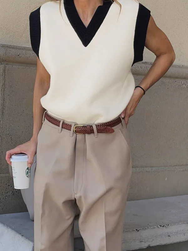 Knit Contrast Trim V-neck Sweater Vest sold by COMMENSE