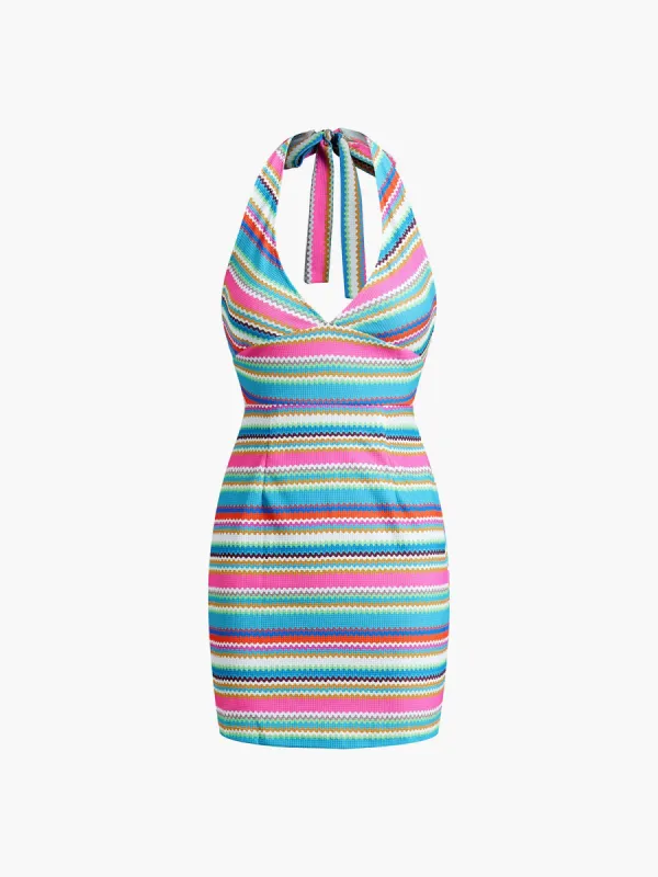 Rainbow Halter Open Back Short Dress sold by COMMENSE