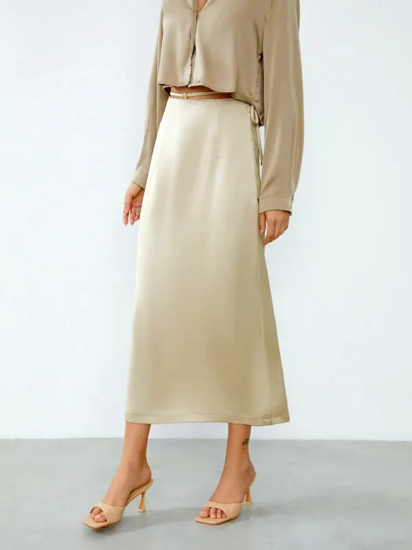 Front Tie Satin Long Skirt sold by COMMENSE