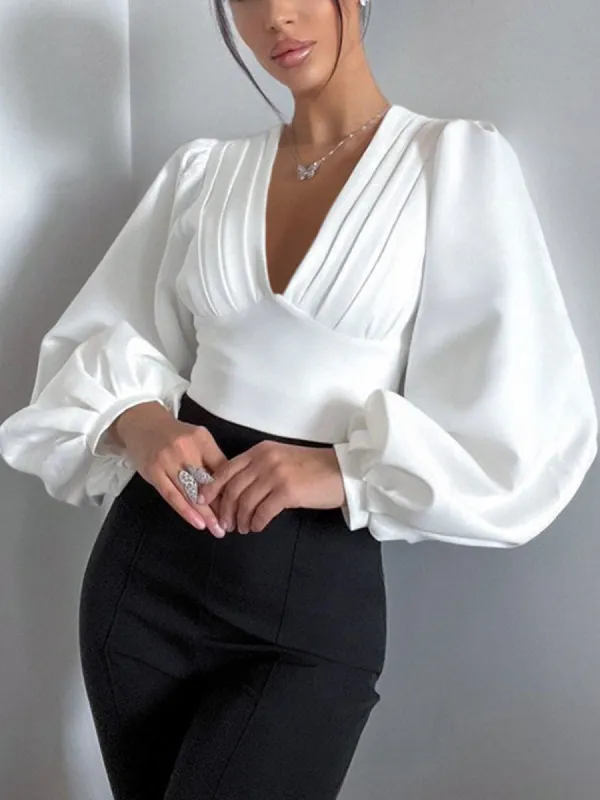 Ruched V-neck Long Sleeve Corset Blouse sold by COMMENSE