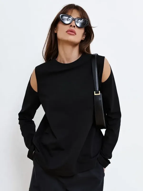 Cut Out Long Sleeve Solid Crew Neck Top sold by COMMENSE
