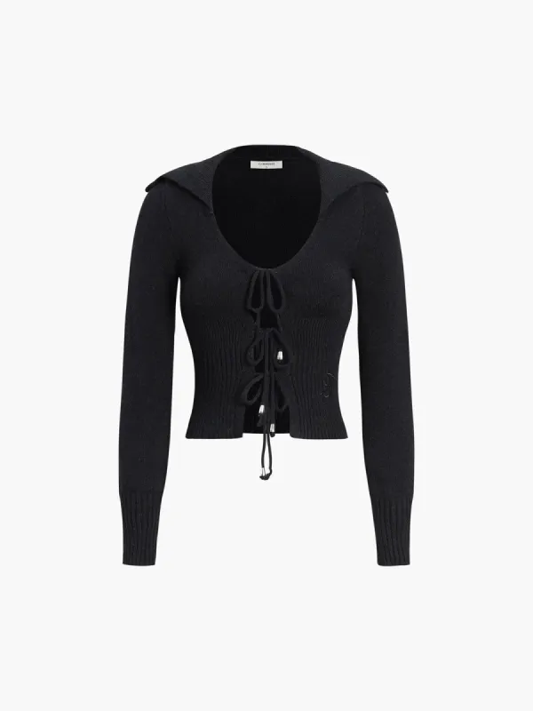 Cutout Tied Collar Long Sleeve Knit Top sold by COMMENSE