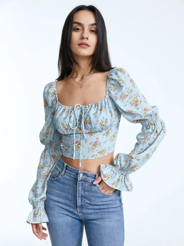Square Ruche Neck Tie Front Long Puff Sleeve Cropped Floral Top sold by COMMENSE