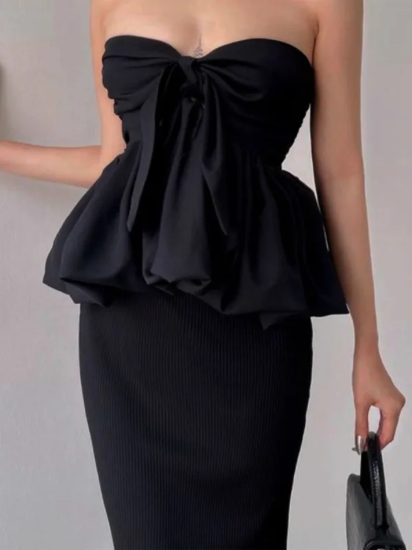 Sweetheart Neck Ruffled Trim Knotted Stitch Tube Top sold by COMMENSE