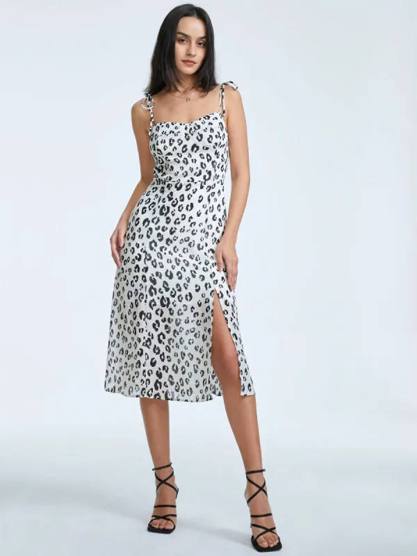 Square Neck Leopard Print Midi Strap Slit Dress sold by COMMENSE