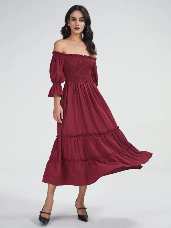 Off The Shoulder Long Puff Sleeve Layer Pleat Dress sold by COMMENSE