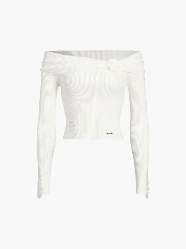 Knit Off Shoulder Floral Decor Top sold by COMMENSE