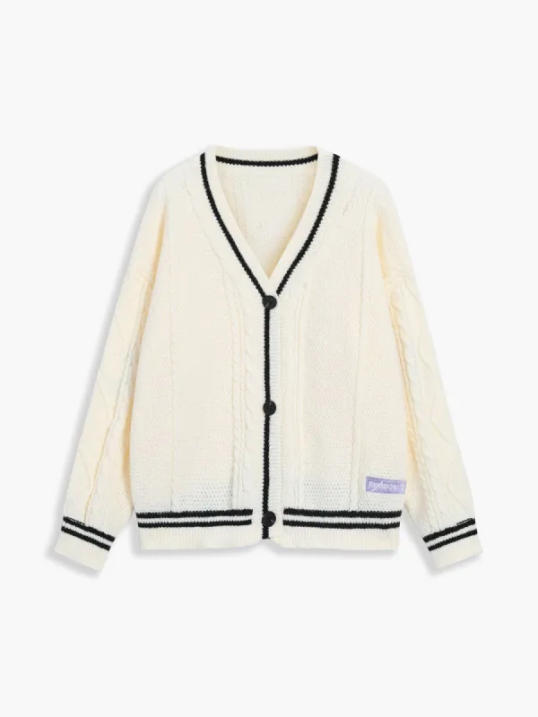 The New Way Contrast Trim Cable Knit Cardigan sold by COMMENSE