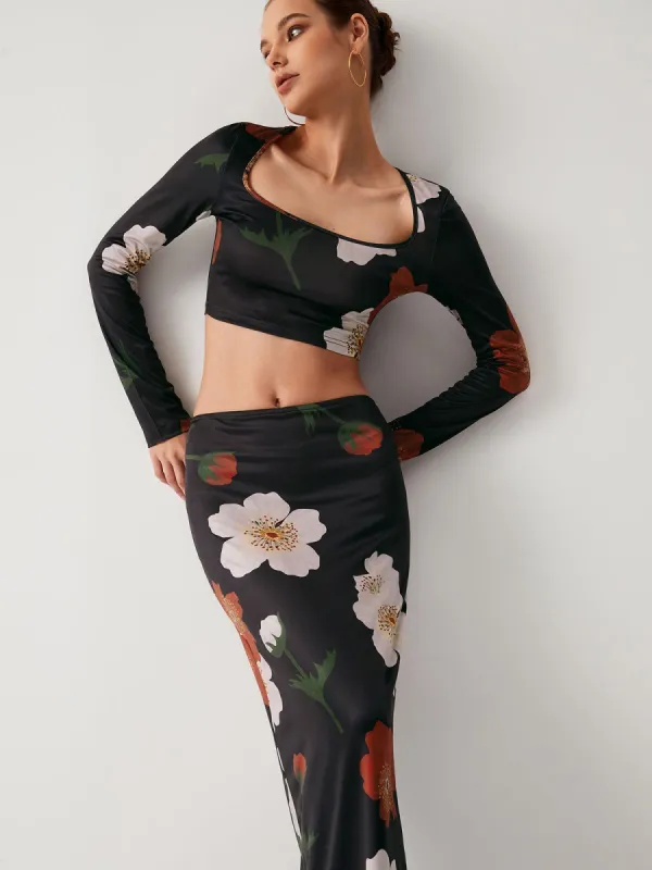 Plum Blossom Long Sleeve Two Piece Skirt Set sold by COMMENSE