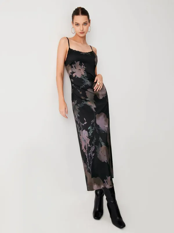 Floral Satin Open Back Midi Dress sold by COMMENSE