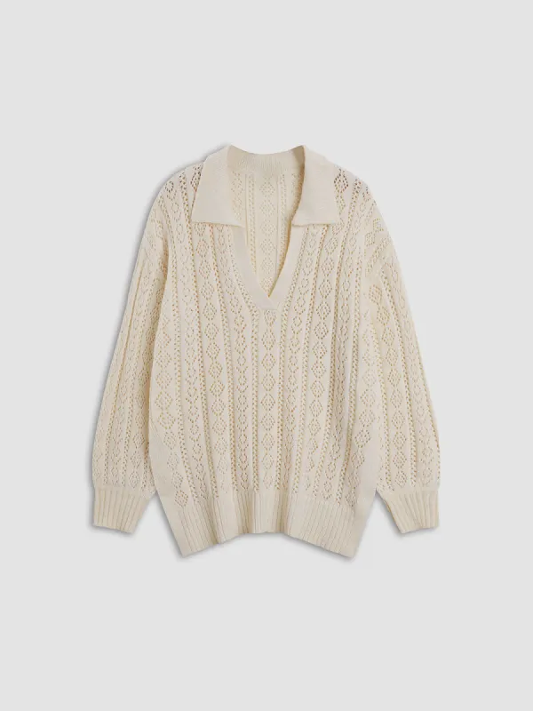 Pointelle V Neck Collared Sweater sold by COMMENSE