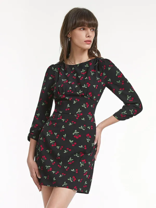 Long Sleeve Round Neck Very Cherry Mini Dress sold by COMMENSE