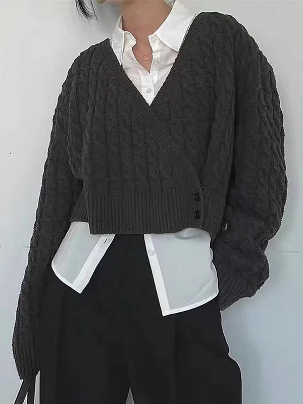 Asymmertic Buttoned Cable Knit Crop Sweater sold by COMMENSE