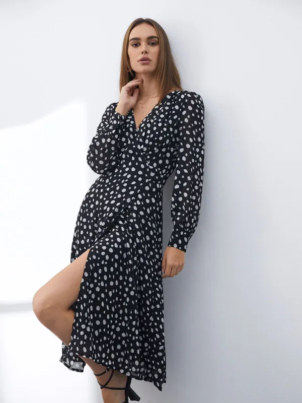 Long Sleeve V Neck Dress with Wrap Slit sold by COMMENSE