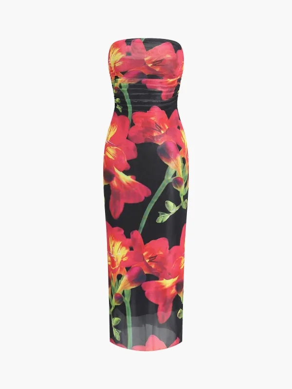 Poppy Floral Mesh Tube Midi Dress sold by COMMENSE