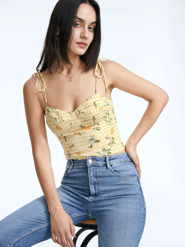 Cropped Lemon Gingham Sweetheart Tie Strap Tank Top sold by COMMENSE