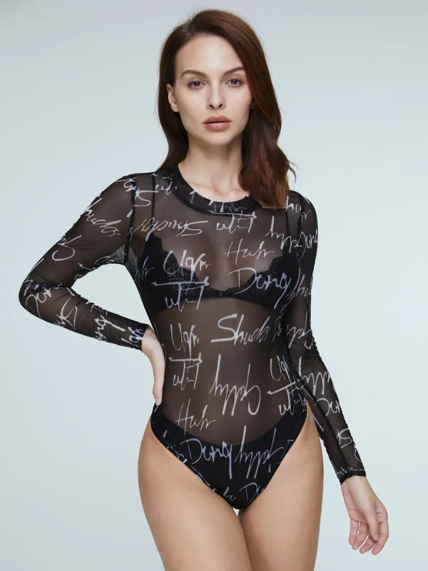 Meltaway Long Sleeve Mesh Script Bodysuit sold by COMMENSE