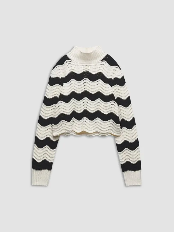 Wavy Stripe Eyelet Sweater sold by COMMENSE