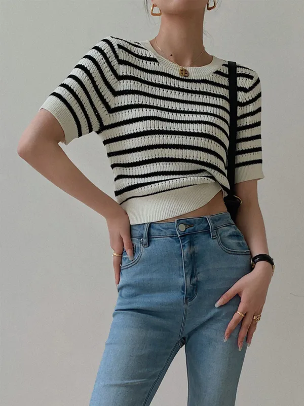 Stripe Crochet Open Knit Top sold by COMMENSE