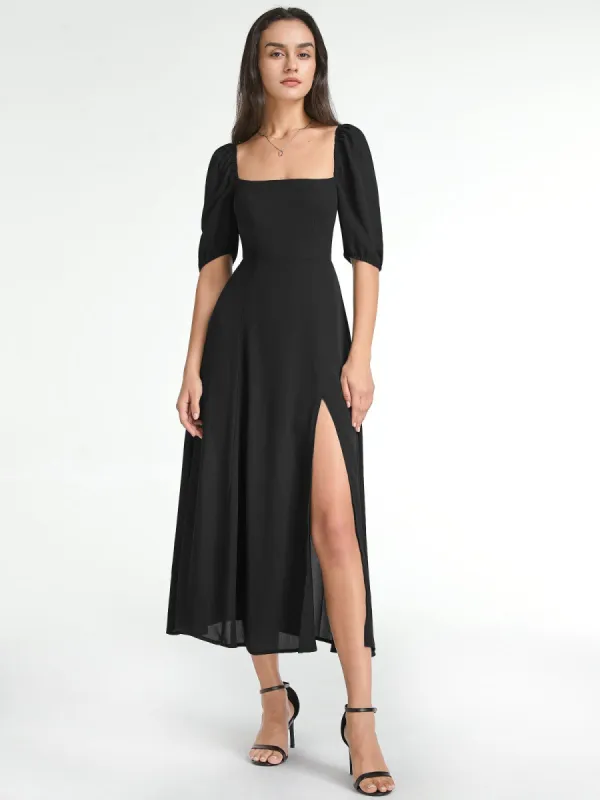 Square Neck Short Puff Sleeve Contour Midi Slit Dress sold by COMMENSE