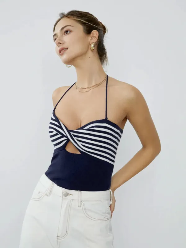 Halter Stripe Twist Keyhole Crop Tank Top sold by COMMENSE