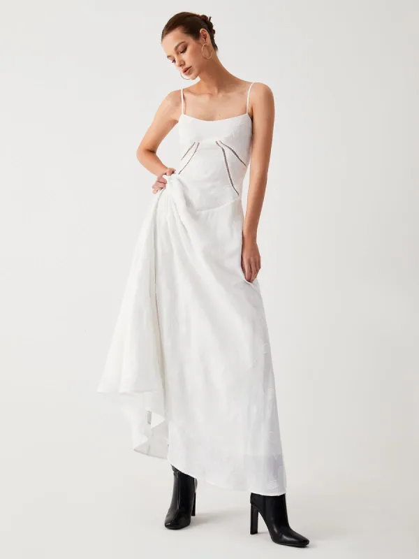 Embroidered Gardenia Tie Back Long Dress sold by COMMENSE