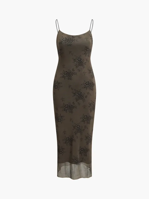 Floral Zip Up Mesh Strap Midi Dress sold by COMMENSE