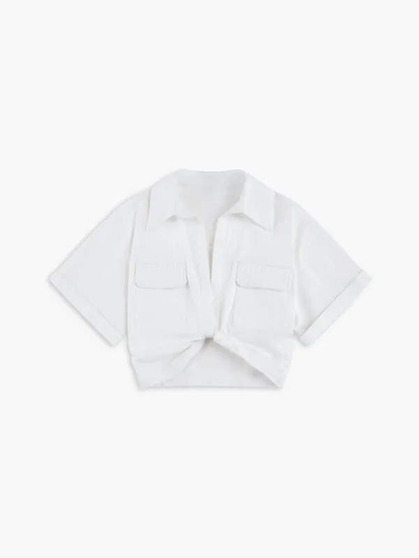 Open Collar Pockets Crop Twist Shirt sold by COMMENSE