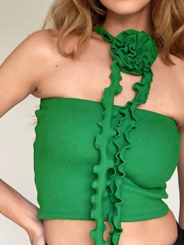 Rosette Ribbed Open Back Crop Tank Top sold by COMMENSE