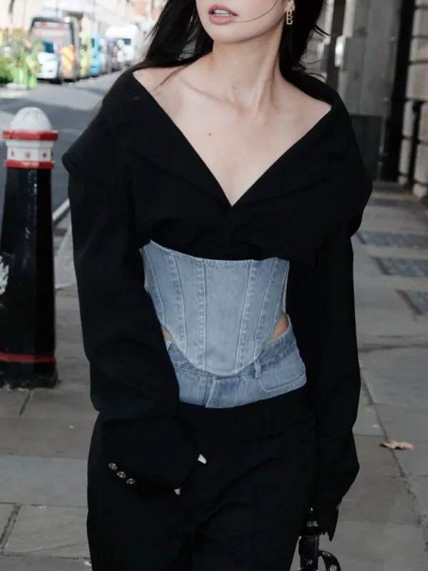 Reversible Patchwork Denim Corset Zipper Top sold by COMMENSE