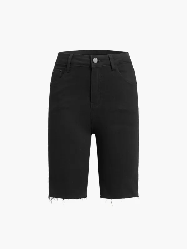 Black Denim Button Bermuda Short Jeans sold by COMMENSE