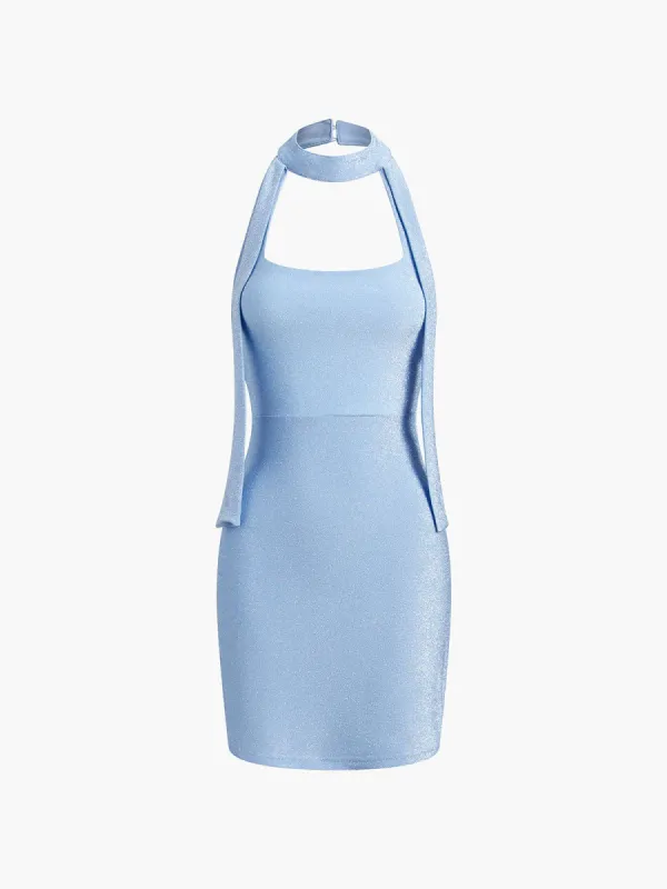 Halter Zip Up Glitter Open Back Short Dress sold by COMMENSE