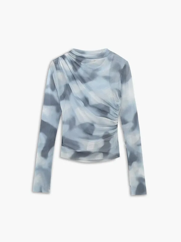 Tie Dye Mesh Ruched Long Sleeve Shirt sold by COMMENSE