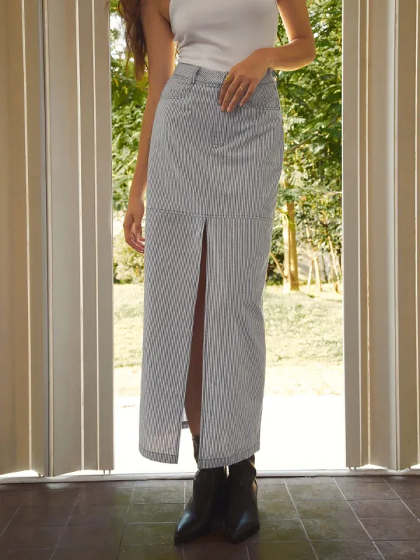 Pinstripe Maxi Slit Skirt sold by COMMENSE