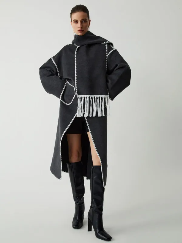 Embroidered Trim Coat With Matching Scarf sold by COMMENSE