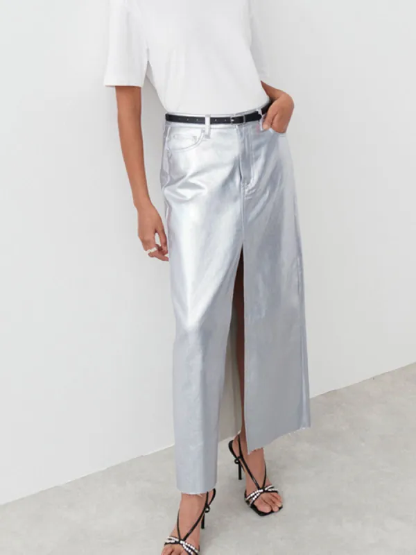 Metallic Faux Leather Maxi Skirt sold by COMMENSE