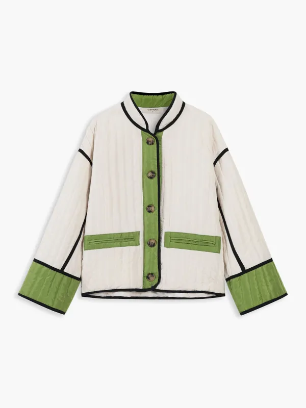 Contrast Piping Colorblock Quilted Coat sold by COMMENSE