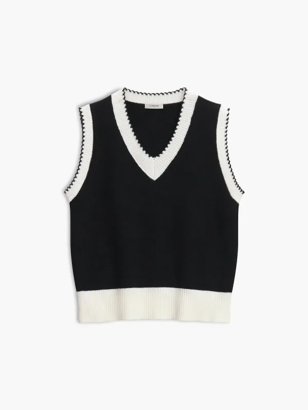 Contrast Trim V-Neck Sweater Vest sold by COMMENSE