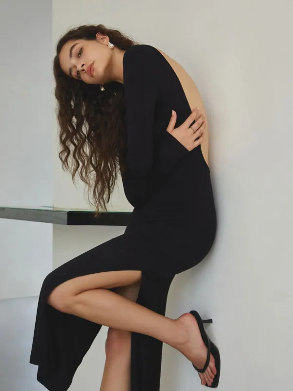 Long Sleeve Open Back Slit Long Dress sold by COMMENSE