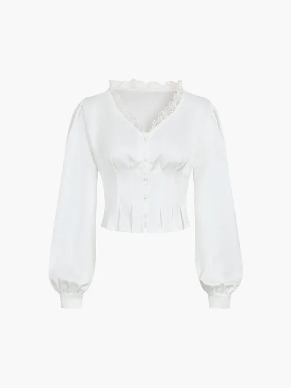 Lace Trim Puff Sleeve Corset Crop Blouse sold by COMMENSE