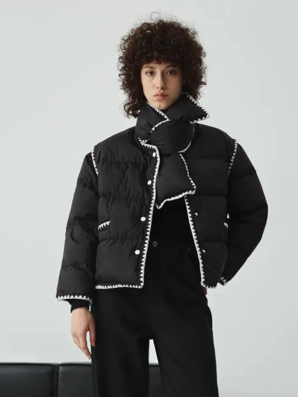 Embroidered Trim Quilted Puffer Crop Coat With Matching Scarf made by COMMENSE