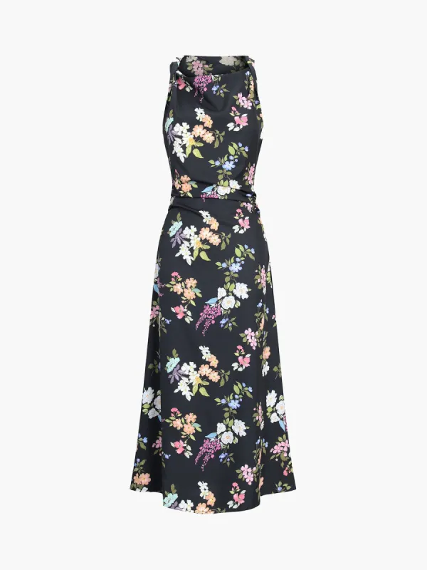 Floral Cowl Neck Ruched Midi Dress sold by COMMENSE