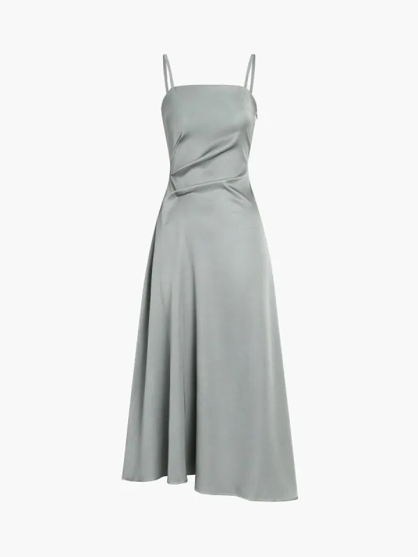 Charcoal Oblique Hem Ruched Midi Dress sold by COMMENSE