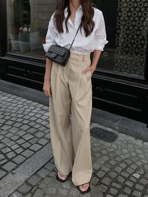 Cream Pockets Pleat Wide Leg Dress Pants sold by COMMENSE