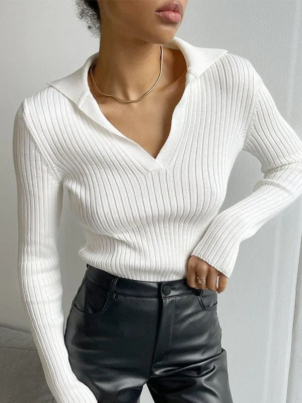 Collared Rib Knit Top sold by COMMENSE
