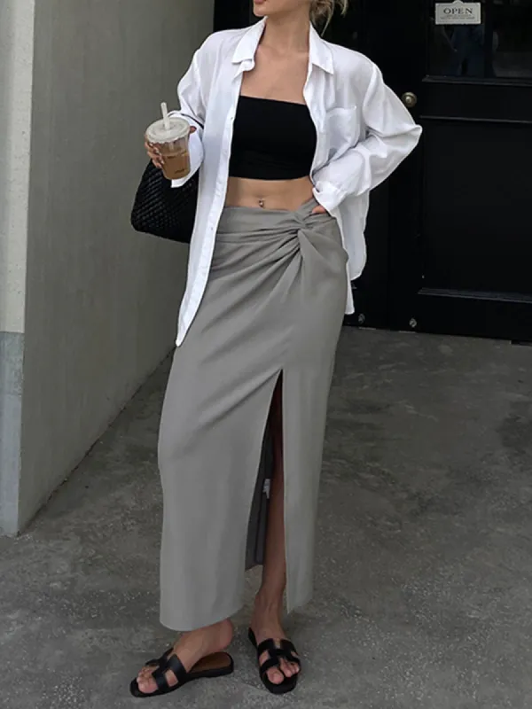 Knotted Ruched Maxi Skirt sold by COMMENSE